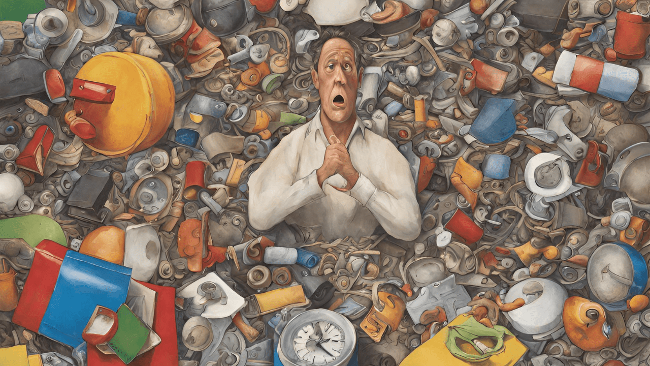 A man sitting in a huge pile of stuff: clocks, books, trash, cans, and everything. Somatic Therapy and ADHD