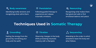 Somatic Therapy Techniques: Body awareness, Pendulation, Resourcing, Grounding, Titration, and Sequencing.